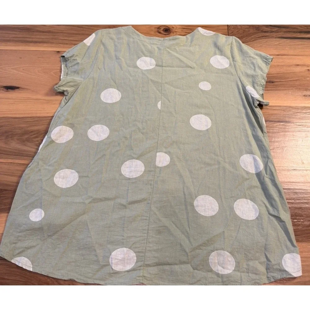 Grey Violet Italian Linen Polka Dot Top XL Oversized Green Pocket Lagenlook - Picture 6 of 6